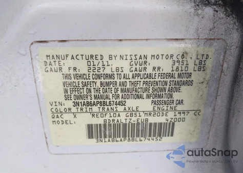 2011 Nissan Sentra 2.0Sr z USA, uszkodzony, nr VIN 3N1AB6AP8BL674452